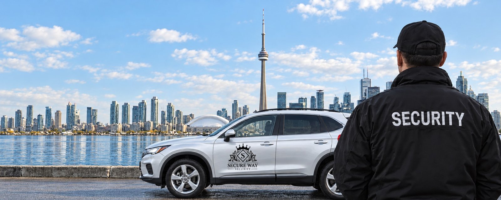 Secureway Inc branded silver SUV and security professional against the Toronto skyline